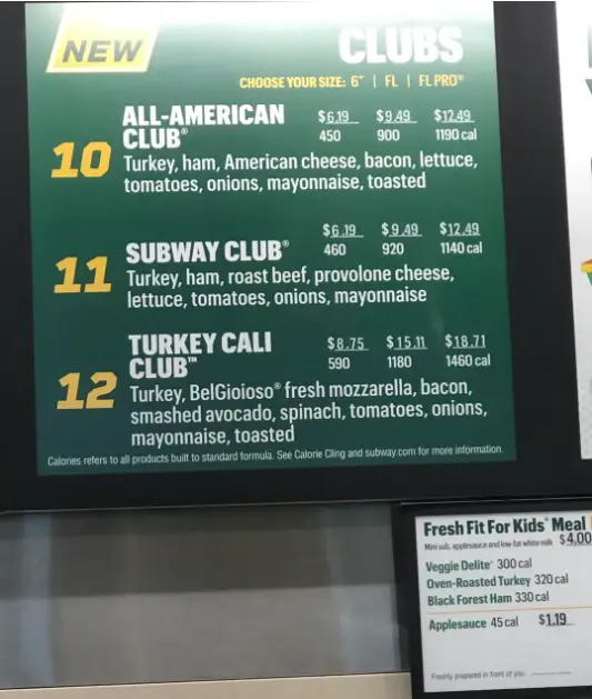 Subway Clubs Menu